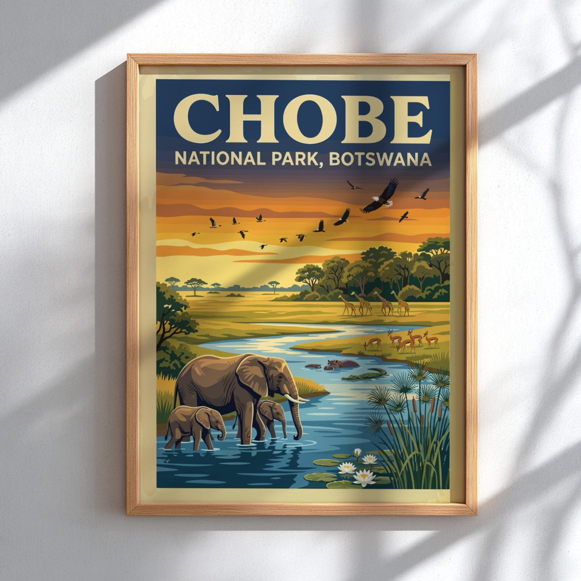 Chobe National Park poster featuring elephants, sunset colors, and wildlife art
