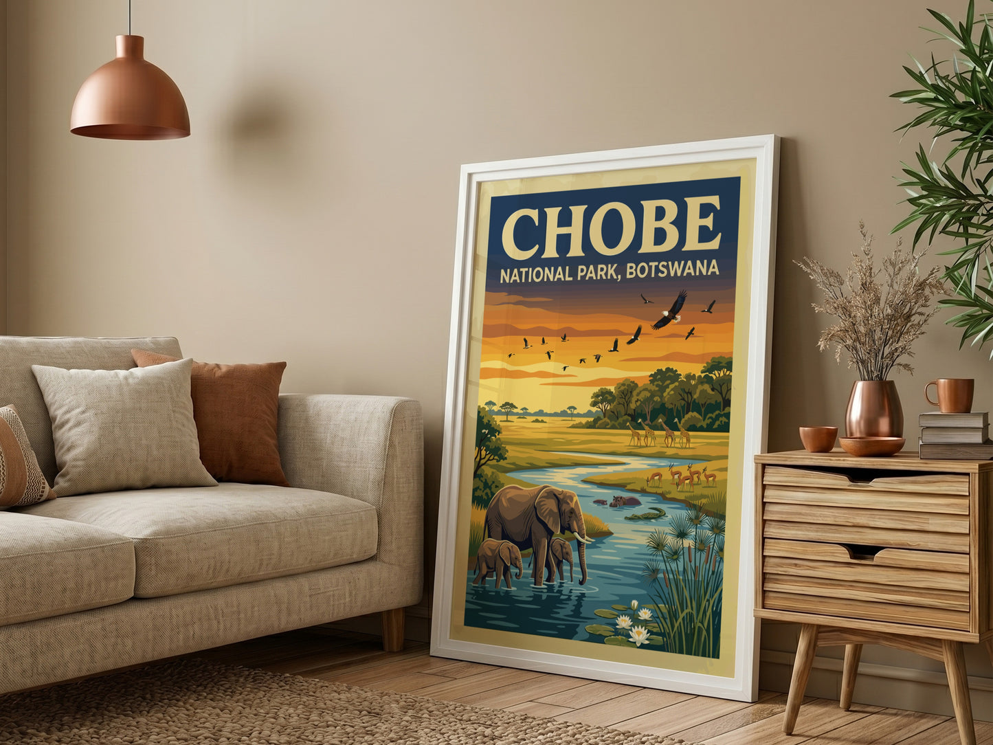 Chobe National Park poster featuring elephants, sunset colors, and wildlife art