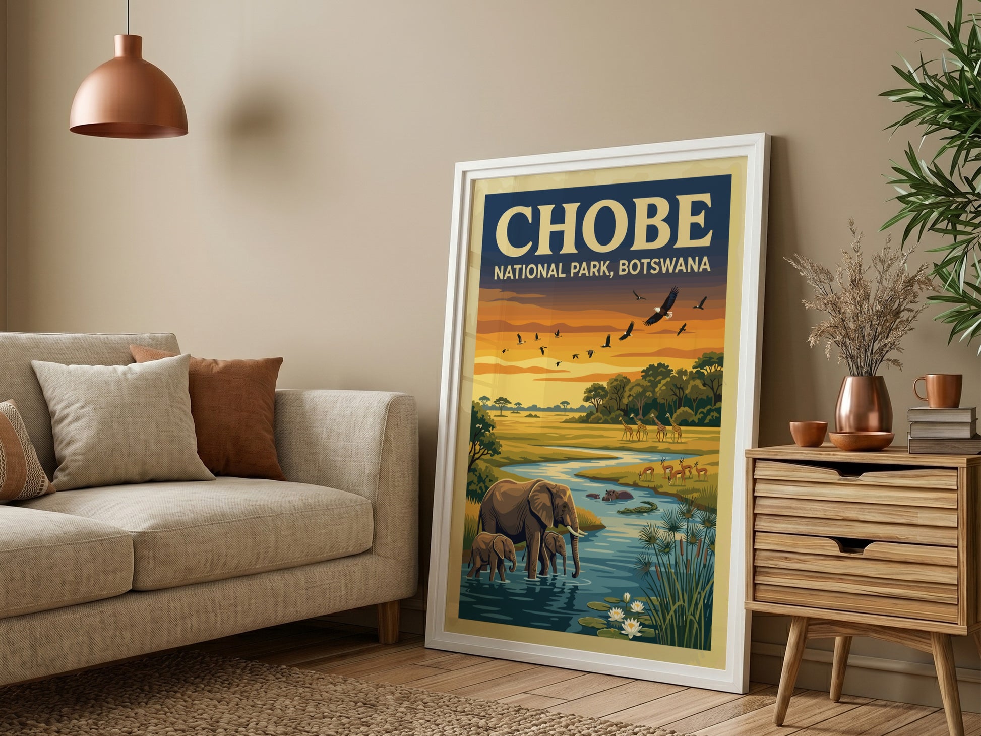Chobe National Park poster featuring elephants, sunset colors, and wildlife art