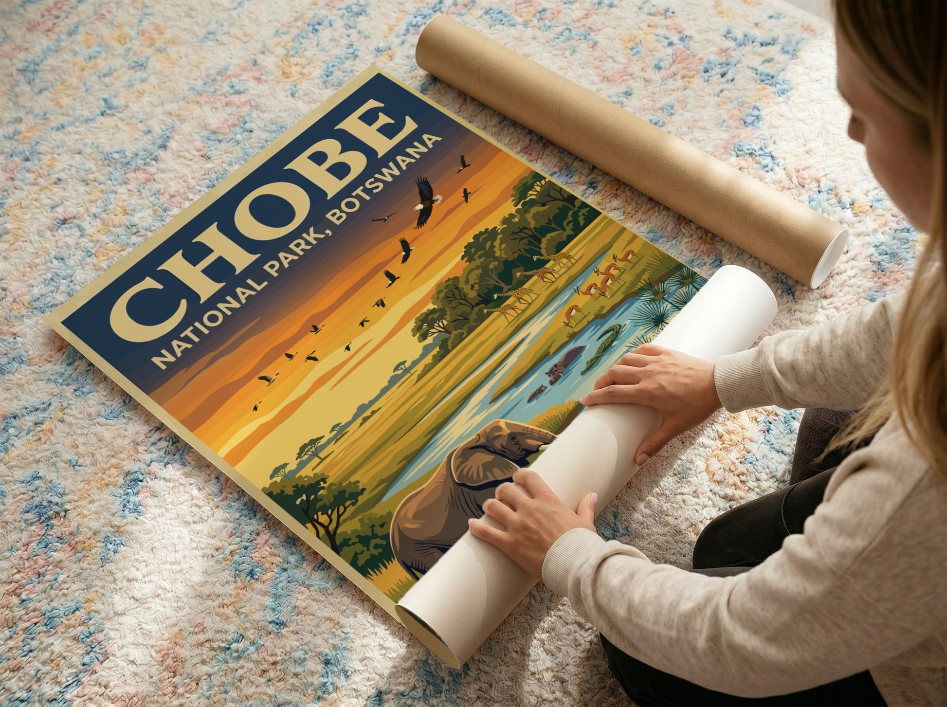 Chobe National Park poster featuring elephants, sunset colors, and wildlife art