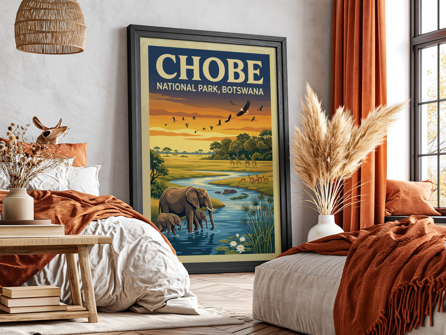 Chobe National Park poster featuring elephants, sunset colors, and wildlife art