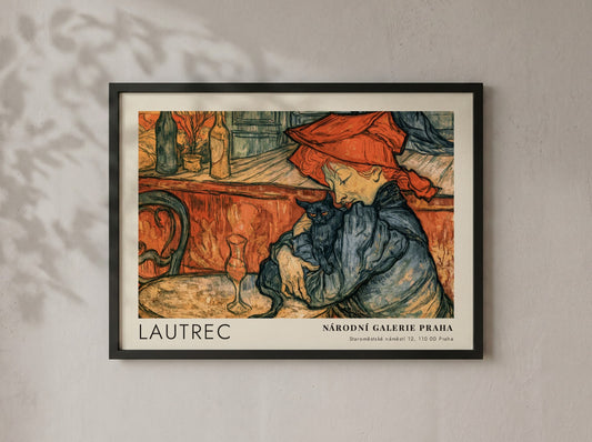 Wall art poster featuring the Toulouse-Lautrec Chocolat Dansant illustration with warm orange tones.
