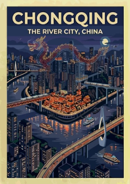 Chongqing travel poster featuring a vibrant nighttime cityscape with colorful lights and a flowing river