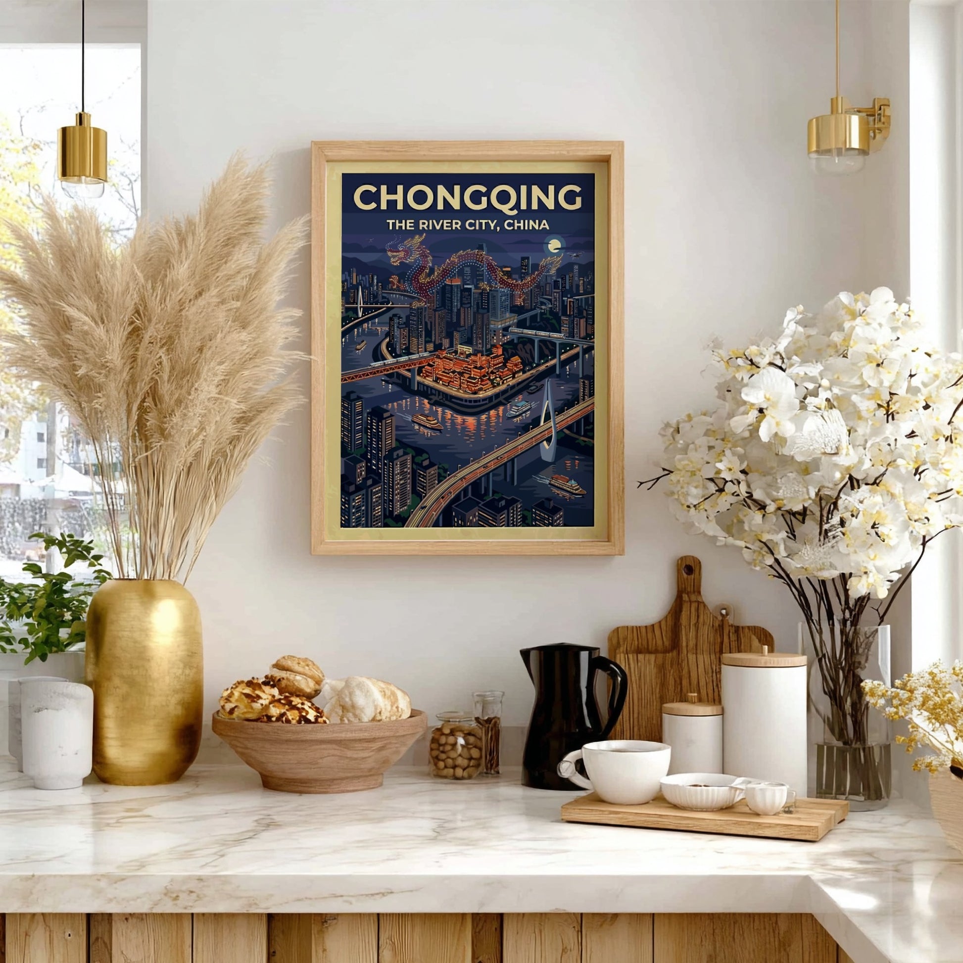Chongqing travel poster featuring a vibrant nighttime cityscape with colorful lights and a flowing river