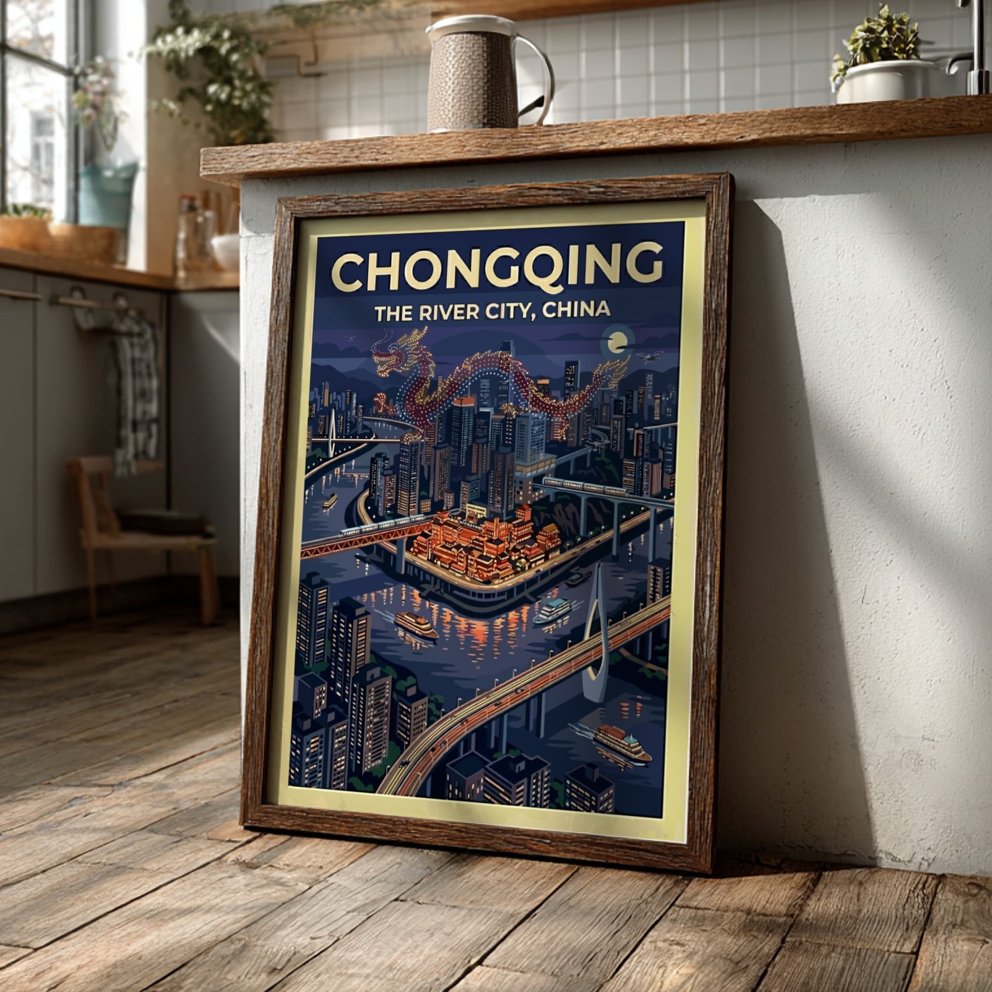 Chongqing travel poster featuring a vibrant nighttime cityscape with colorful lights and a flowing river