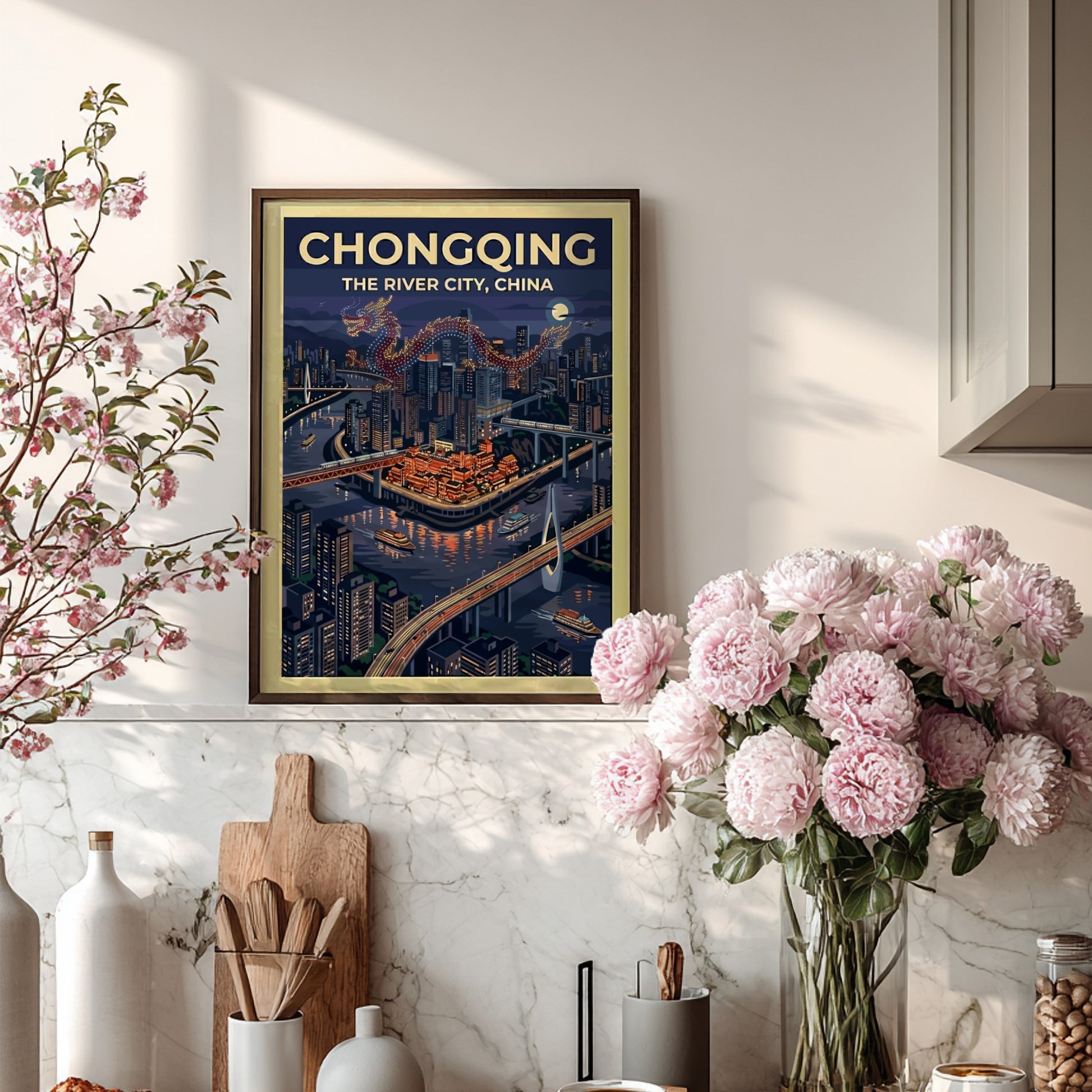 Chongqing travel poster featuring a vibrant nighttime cityscape with colorful lights and a flowing river