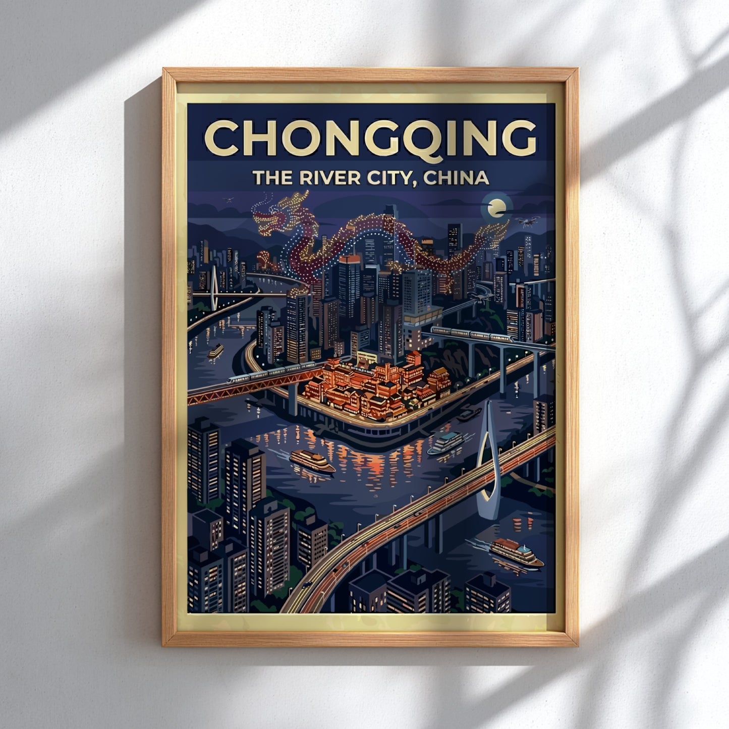 Chongqing travel poster featuring a vibrant nighttime cityscape with colorful lights and a flowing river