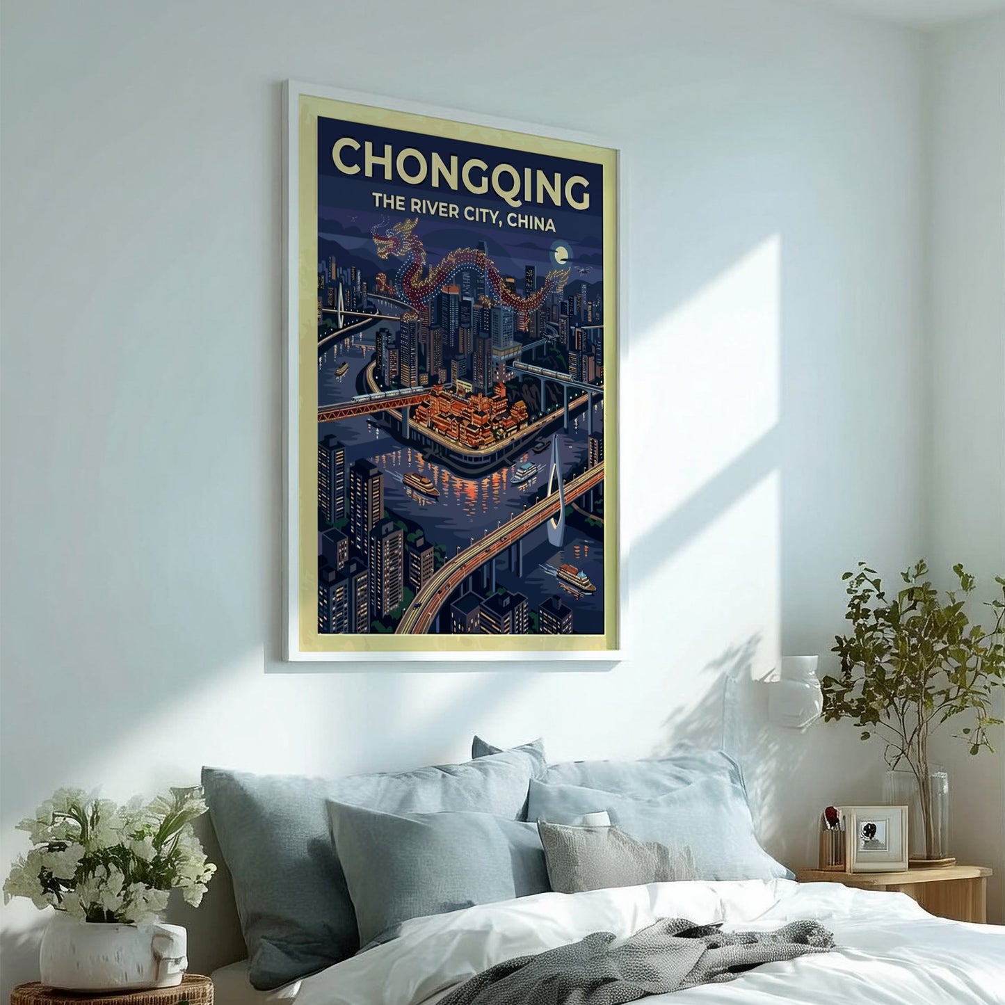 Chongqing travel poster featuring a vibrant nighttime cityscape with colorful lights and a flowing river