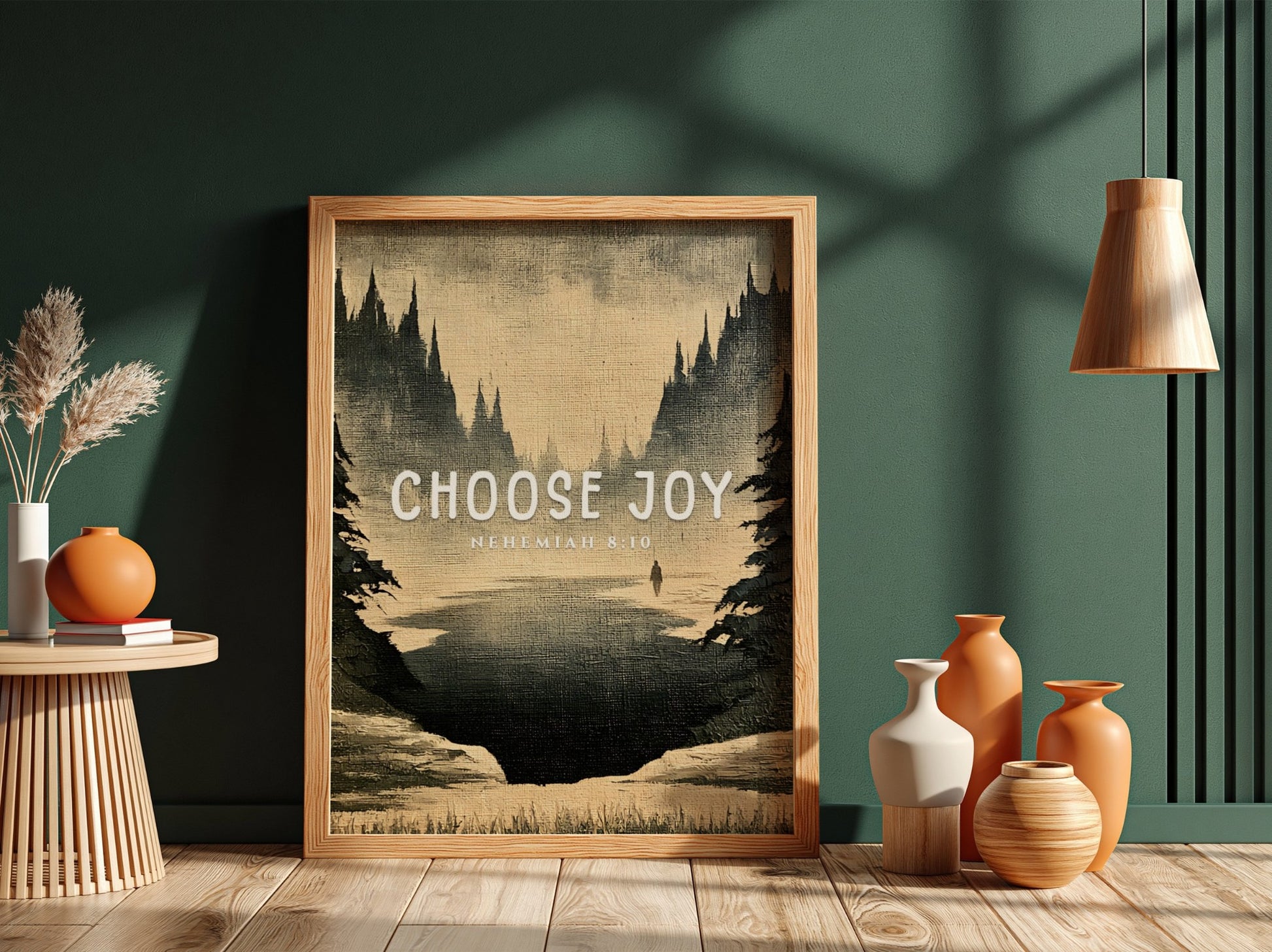 Choose Joy poster featuring a serene landscape in muted tones, inspirational wall art based on Nehemiah 8:10.