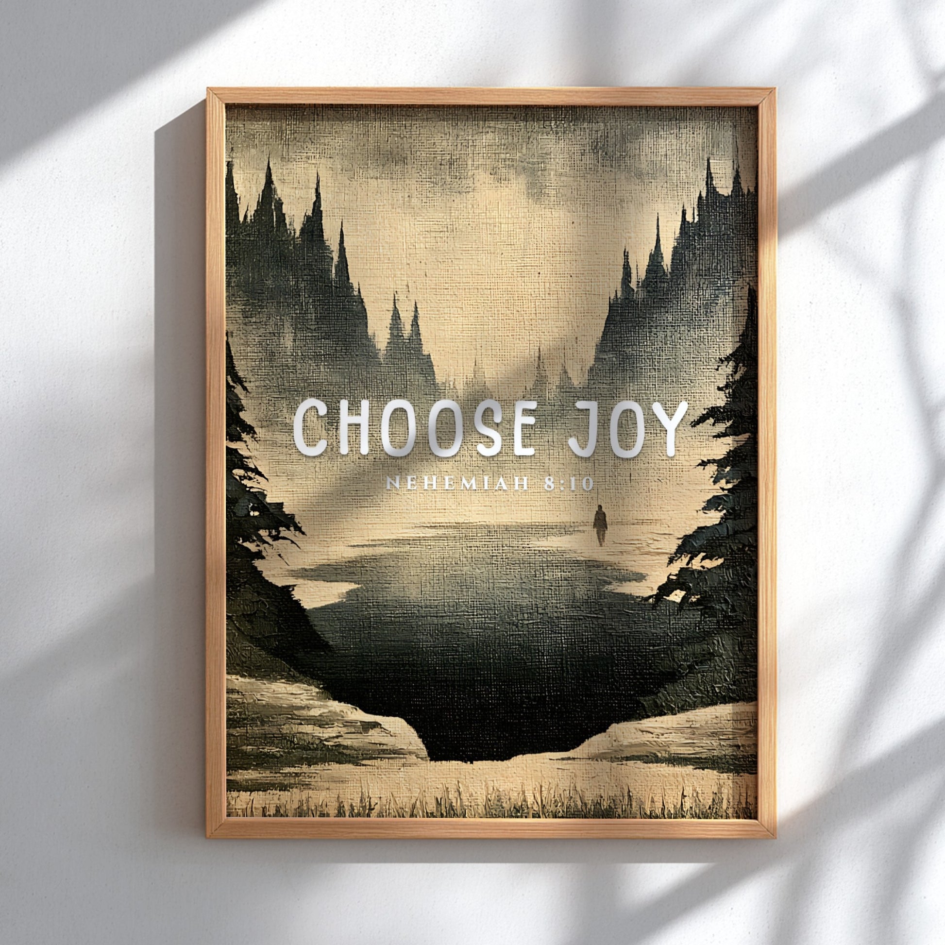 Choose Joy poster featuring a serene landscape in muted tones, inspirational wall art based on Nehemiah 8:10.