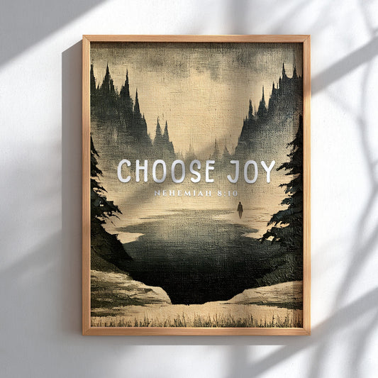 Choose Joy poster featuring a serene landscape in muted tones, inspirational wall art based on Nehemiah 8:10.