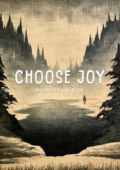 Choose Joy poster featuring a serene landscape in muted tones, inspirational wall art based on Nehemiah 8:10.