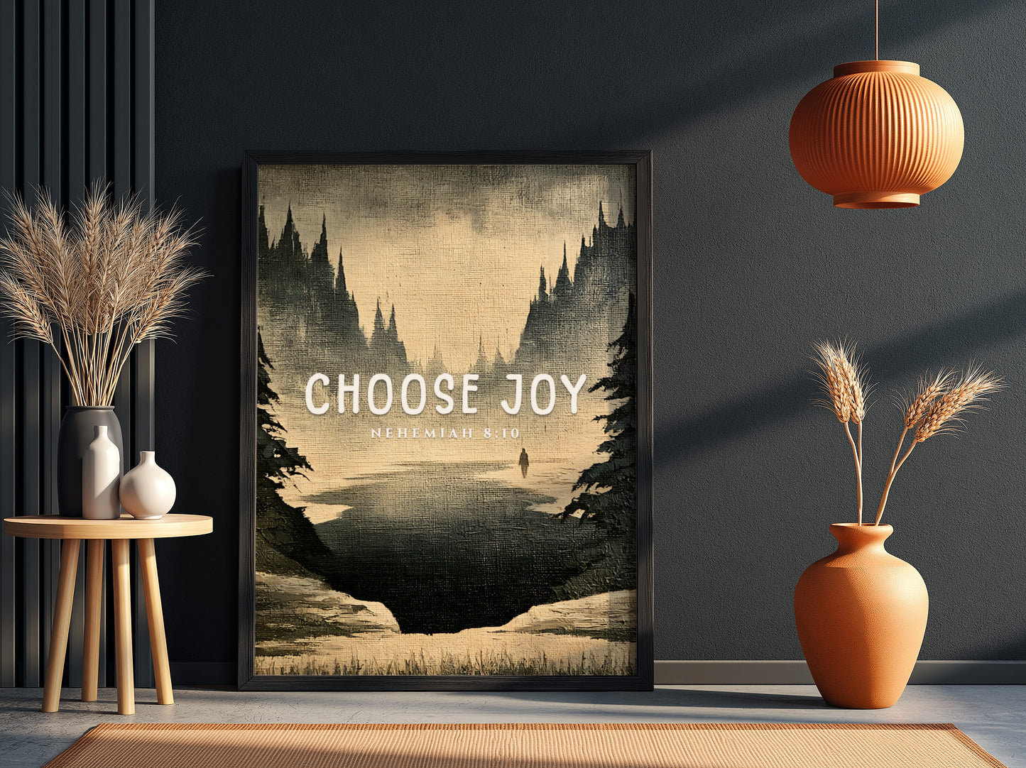Choose Joy poster featuring a serene landscape in muted tones, inspirational wall art based on Nehemiah 8:10.