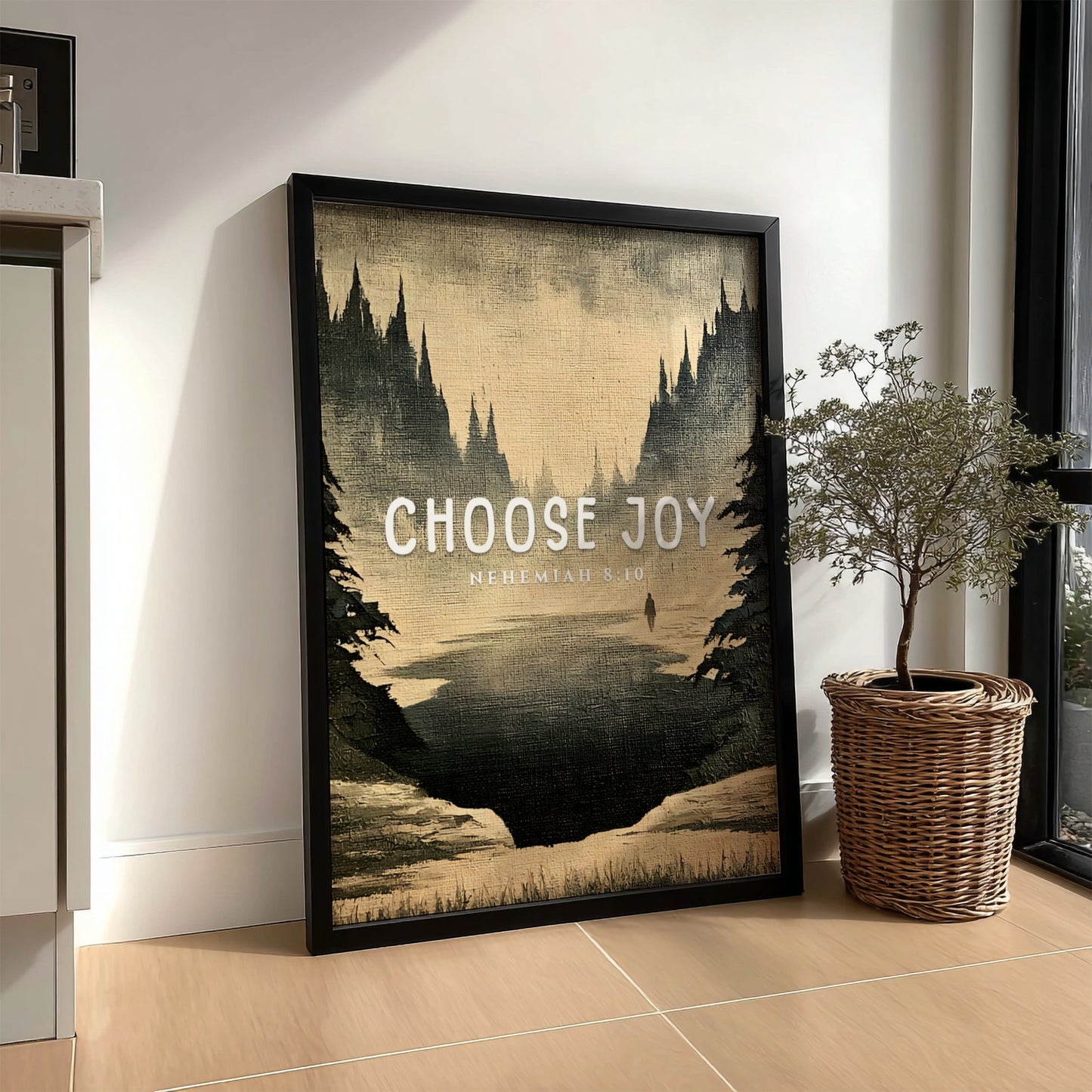 Choose Joy poster featuring a serene landscape in muted tones, inspirational wall art based on Nehemiah 8:10.