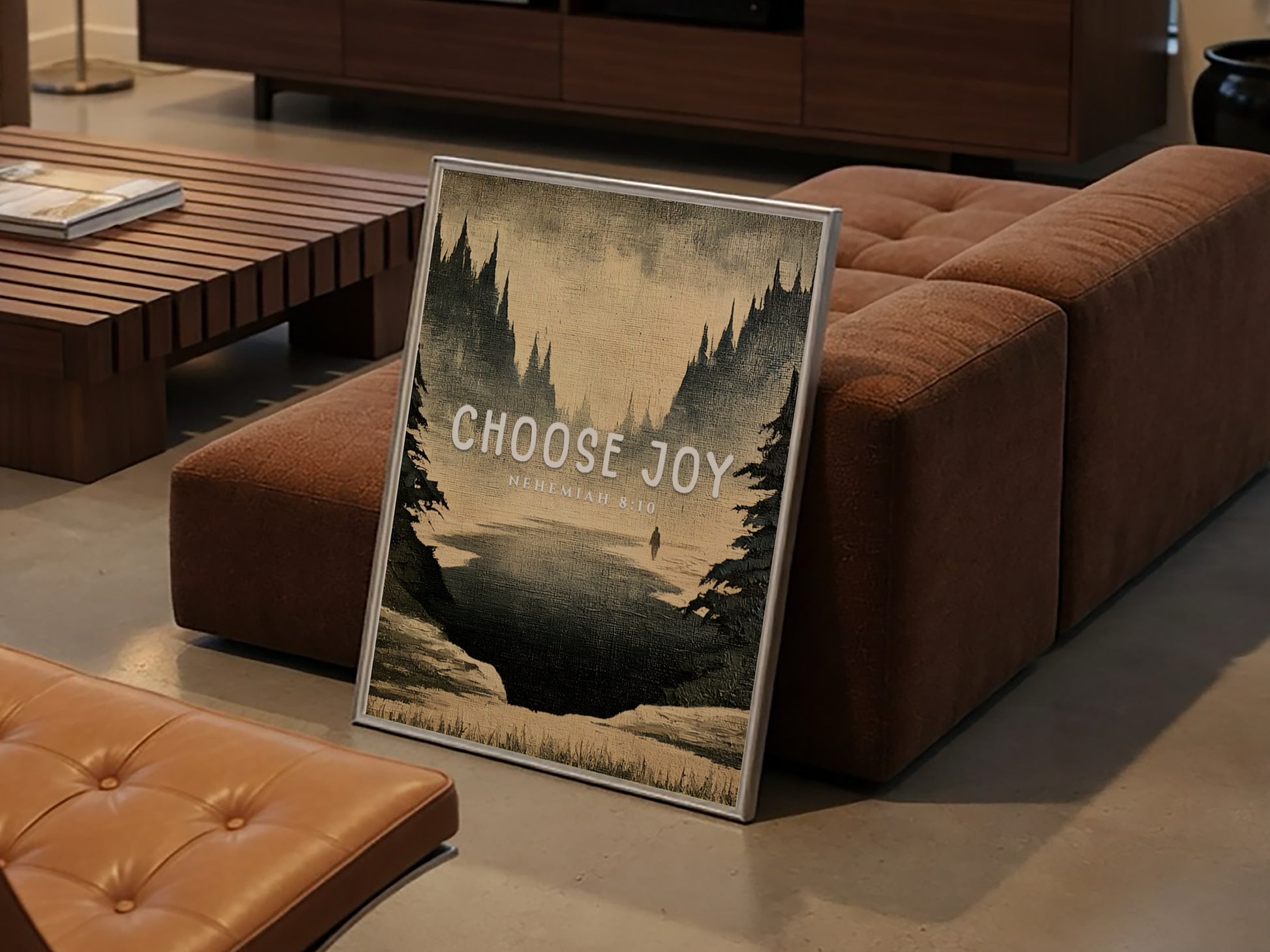 Choose Joy poster featuring a serene landscape in muted tones, inspirational wall art based on Nehemiah 8:10.