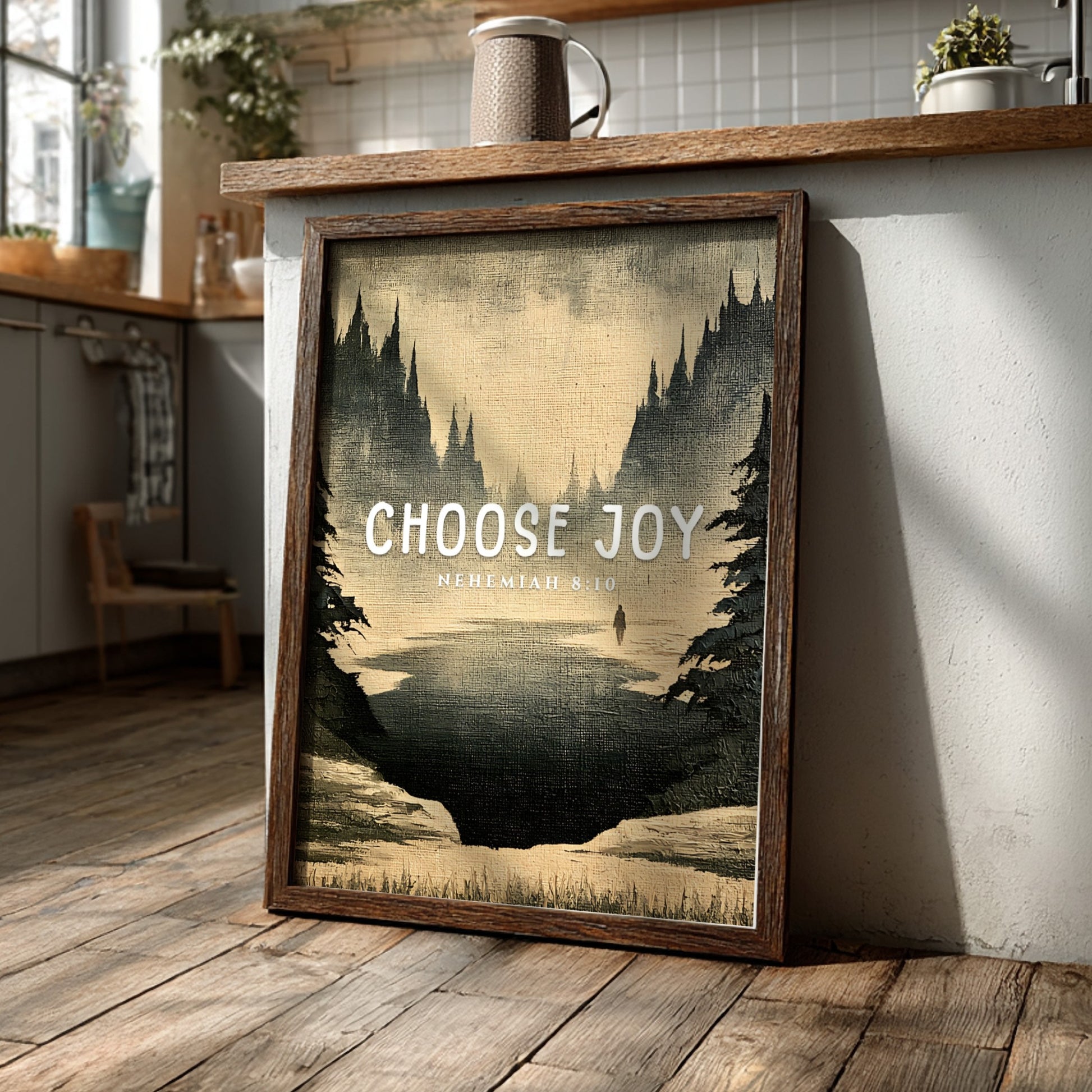 Choose Joy poster featuring a serene landscape in muted tones, inspirational wall art based on Nehemiah 8:10.