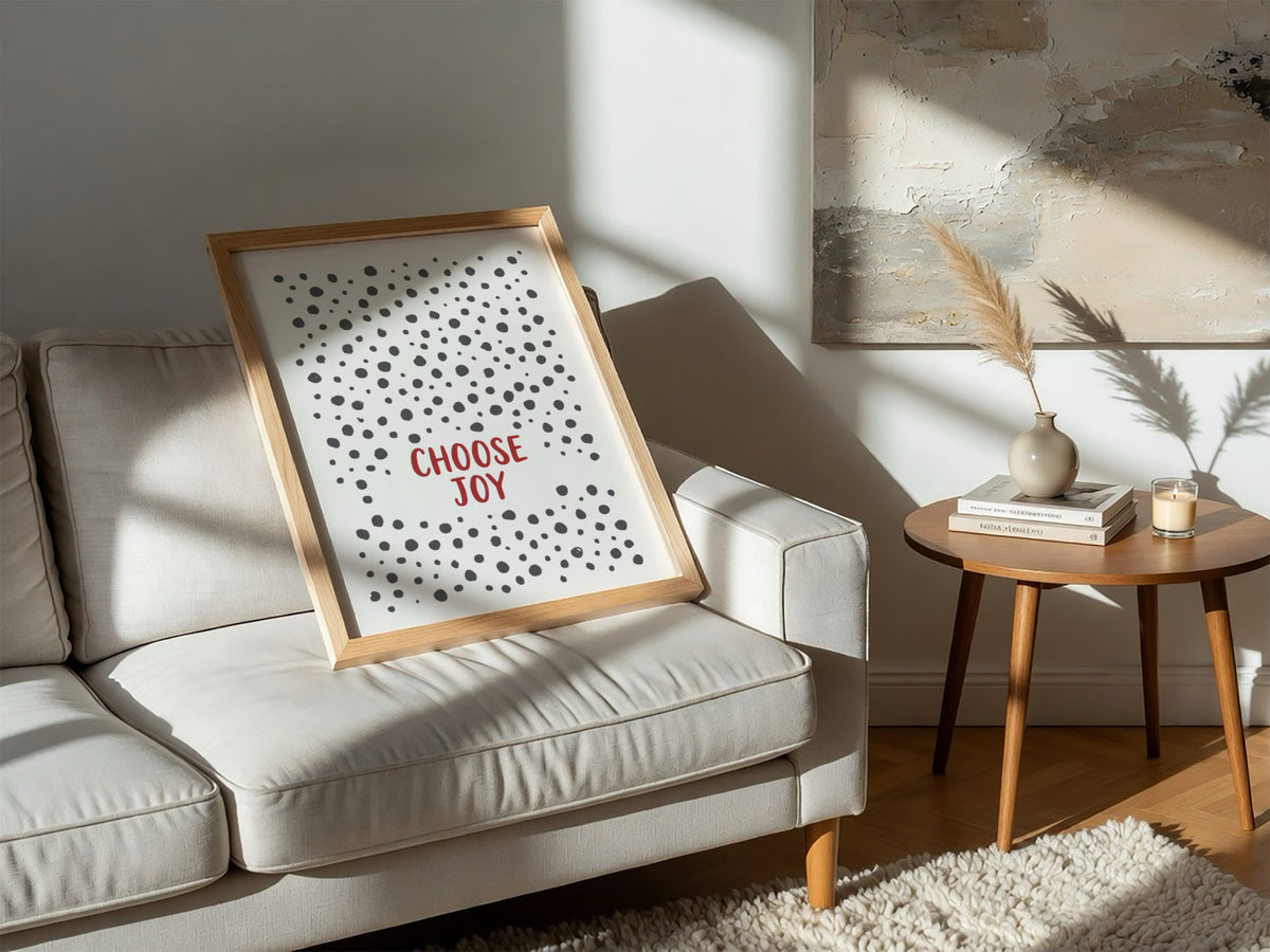 Motivational poster with Choose Joy text in red surrounded by grey polka dots