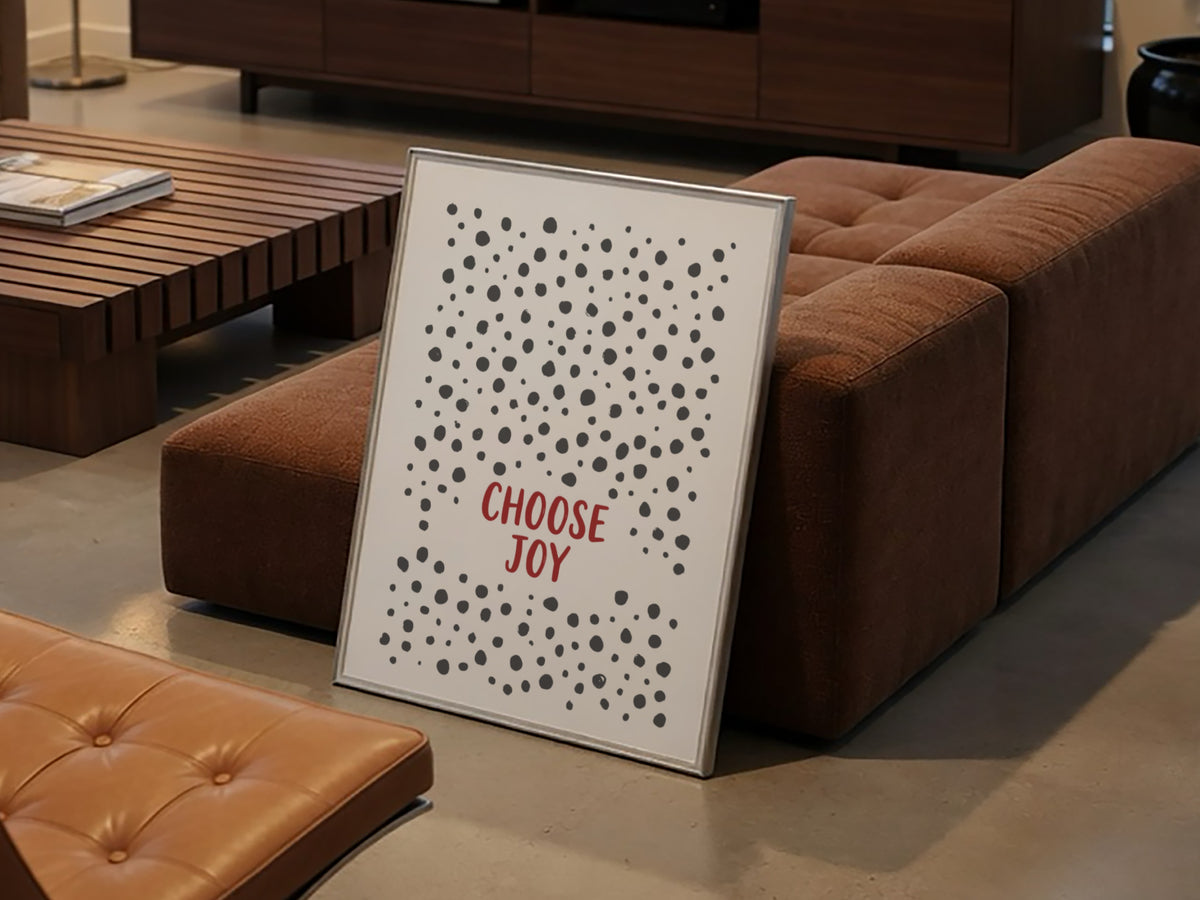Motivational poster with Choose Joy text in red surrounded by grey polka dots