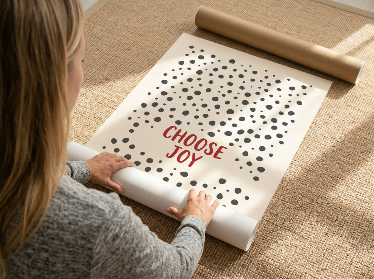 Motivational poster with Choose Joy text in red surrounded by grey polka dots