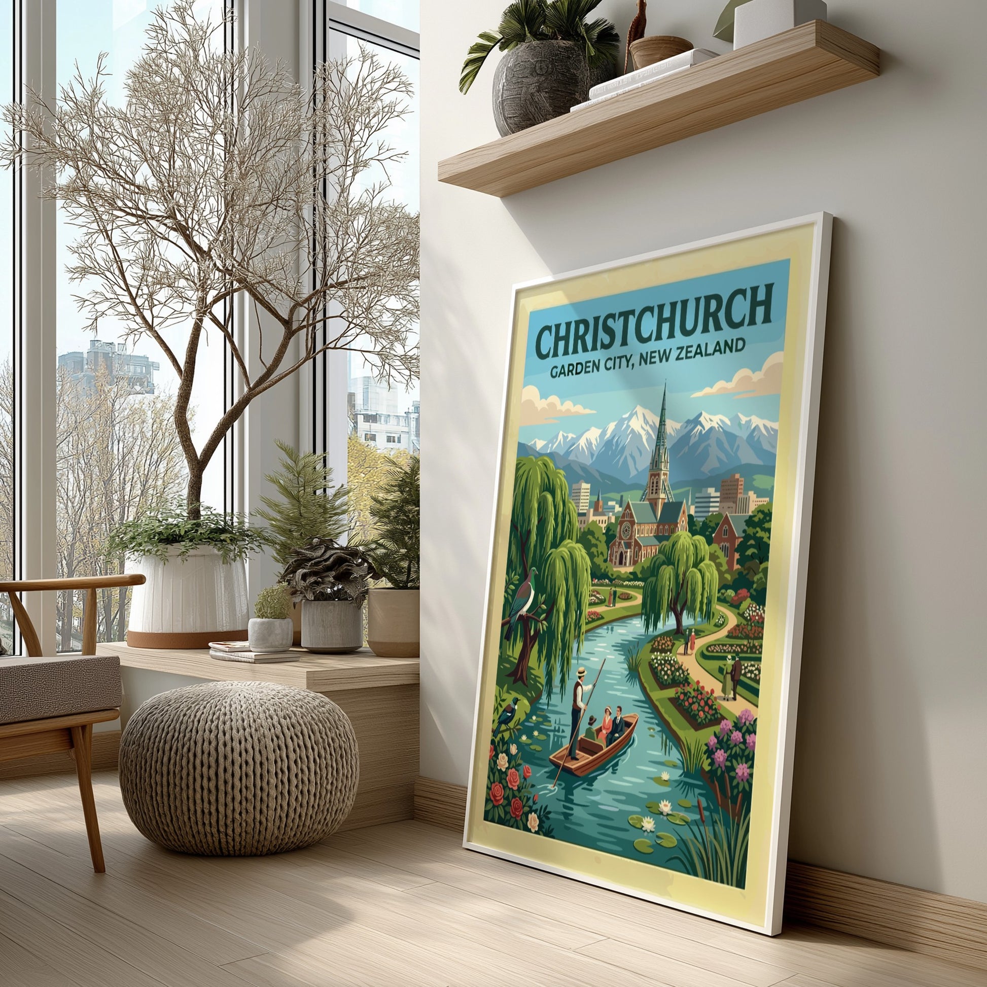 Australia travel poster featuring Christchurch Garden City with river boat and mountain backdrop
