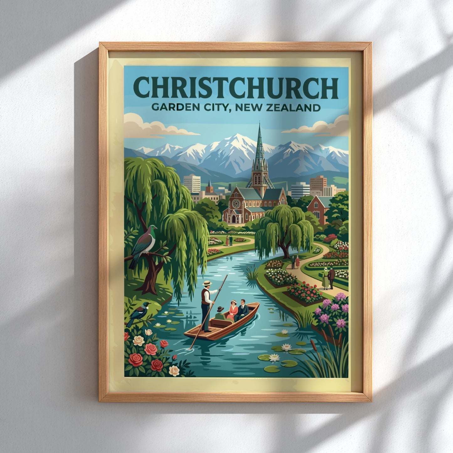 Australia travel poster featuring Christchurch Garden City with river boat and mountain backdrop