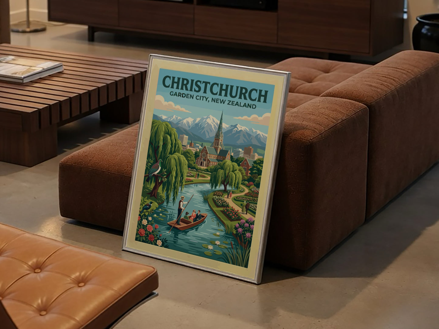 Australia travel poster featuring Christchurch Garden City with river boat and mountain backdrop