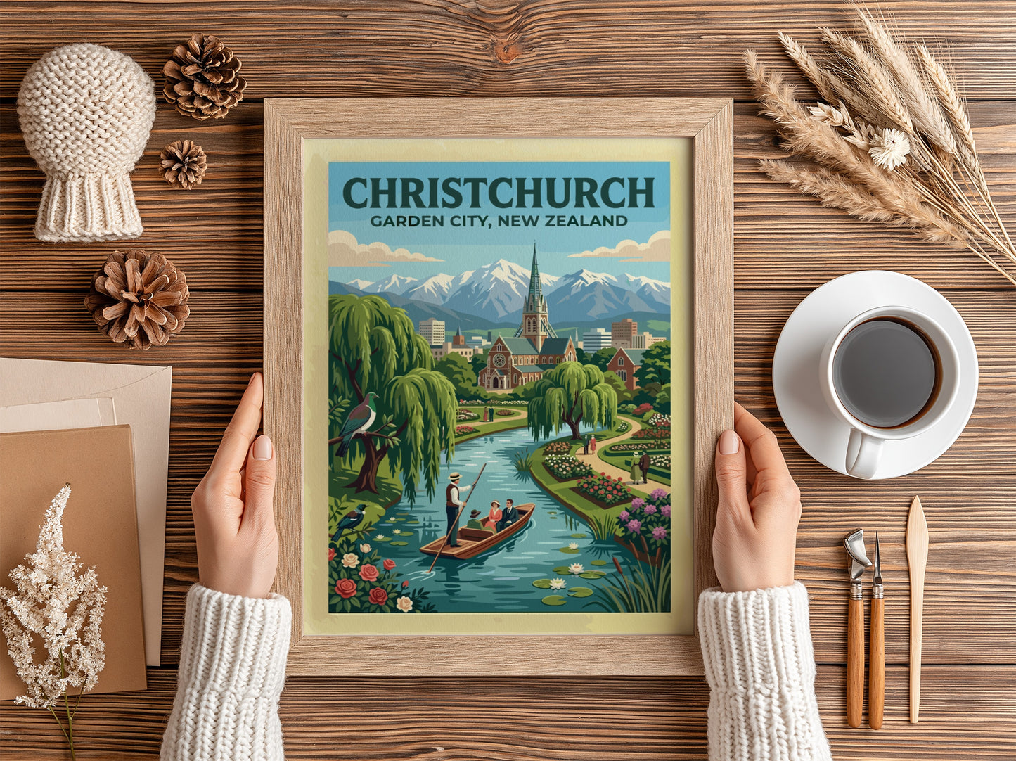 Australia travel poster featuring Christchurch Garden City with river boat and mountain backdrop