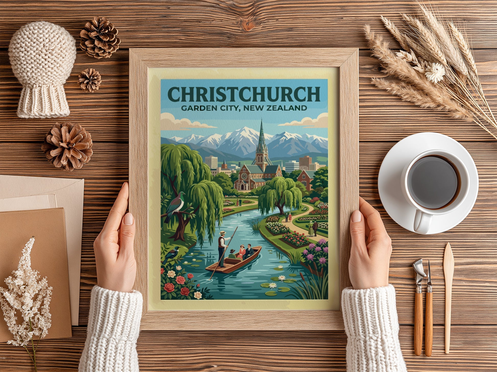 Australia travel poster featuring Christchurch Garden City with river boat and mountain backdrop