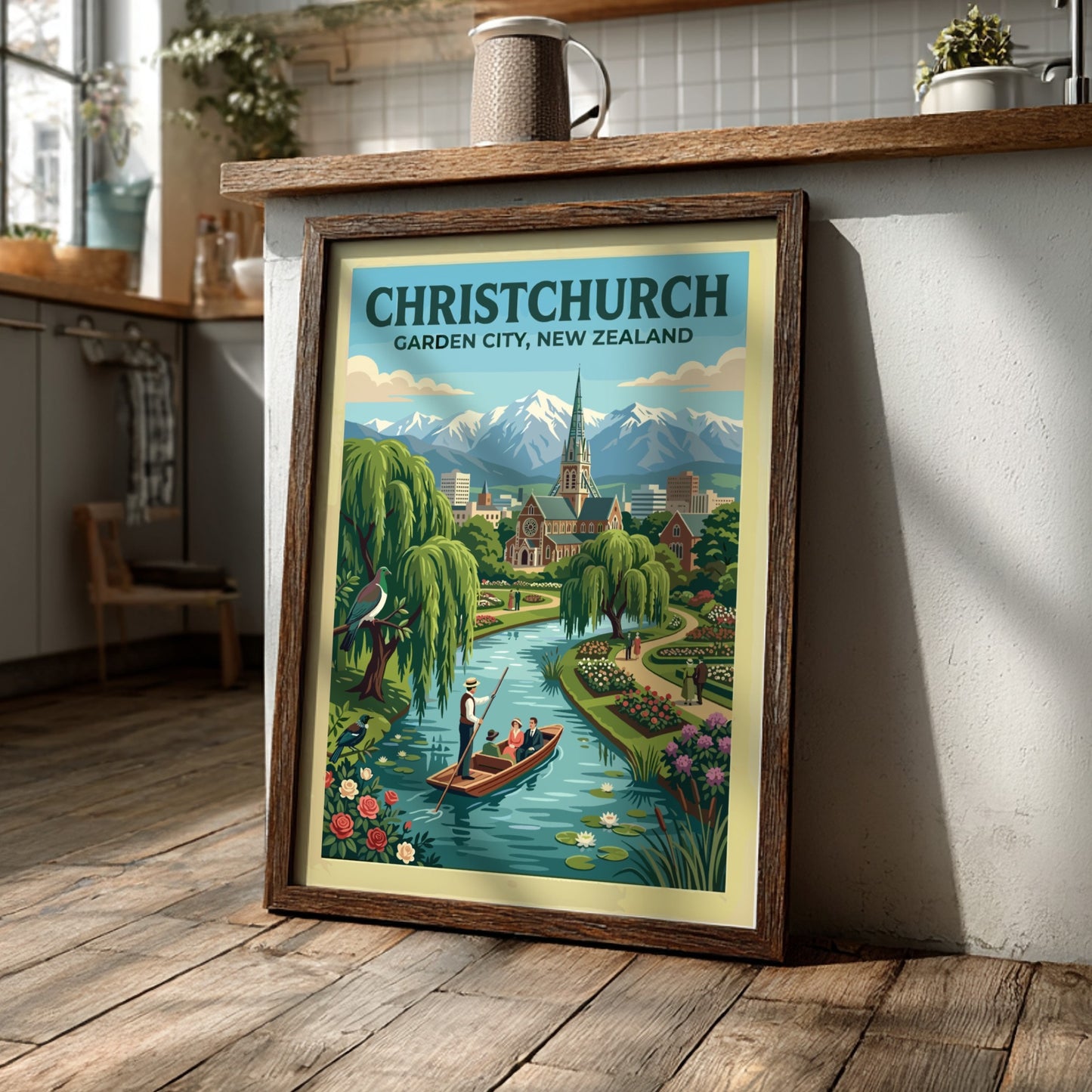 Australia travel poster featuring Christchurch Garden City with river boat and mountain backdrop
