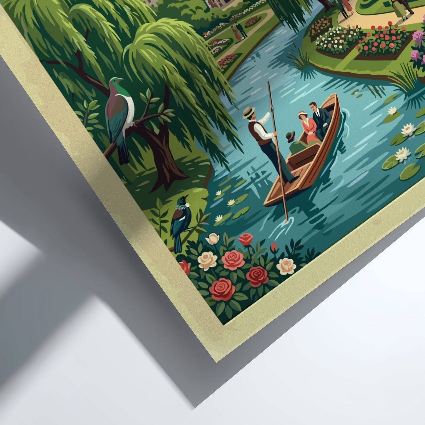 Australia travel poster featuring Christchurch Garden City with river boat and mountain backdrop