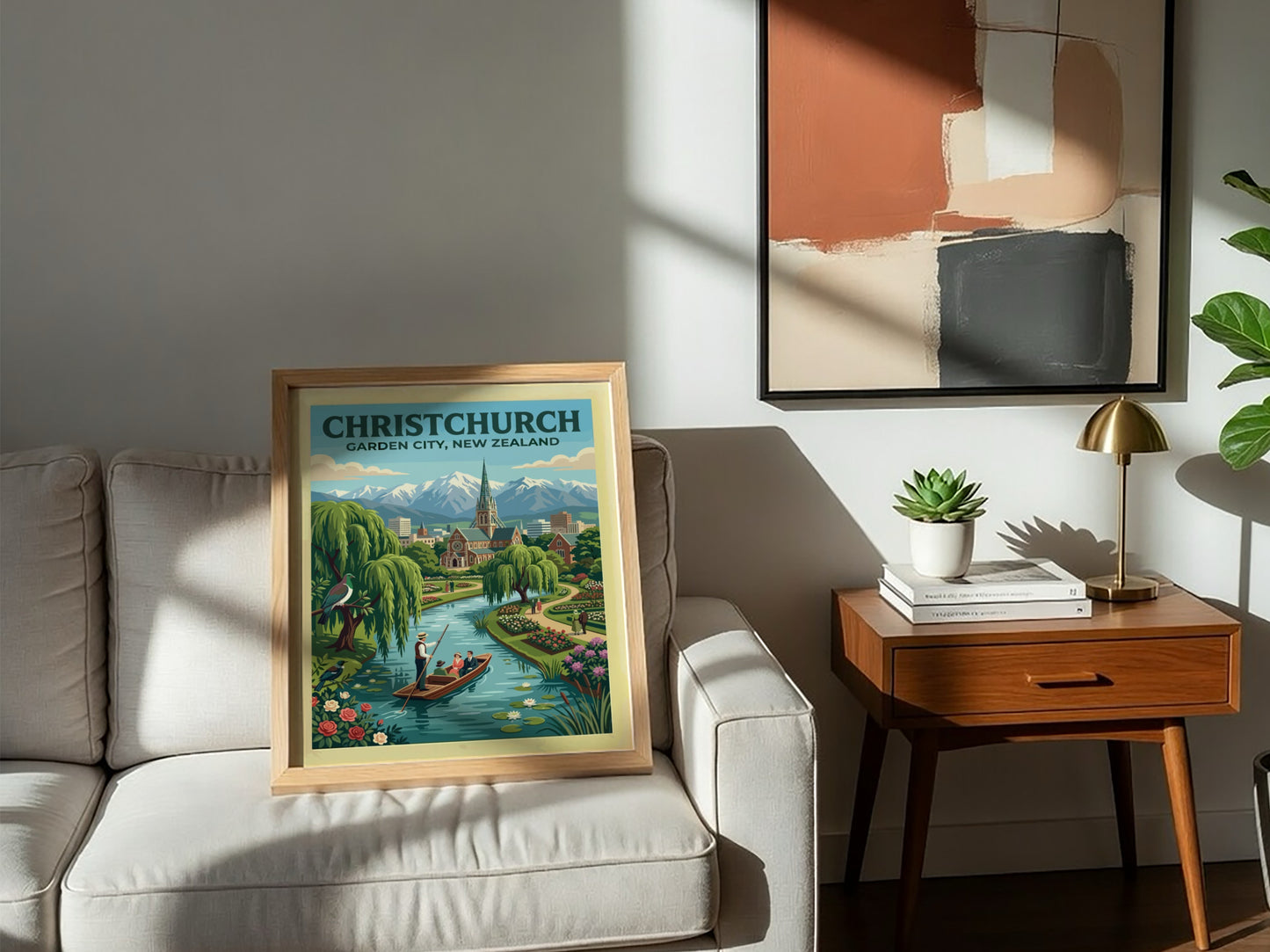 Australia travel poster featuring Christchurch Garden City with river boat and mountain backdrop