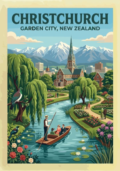 Australia travel poster featuring Christchurch Garden City with river boat and mountain backdrop