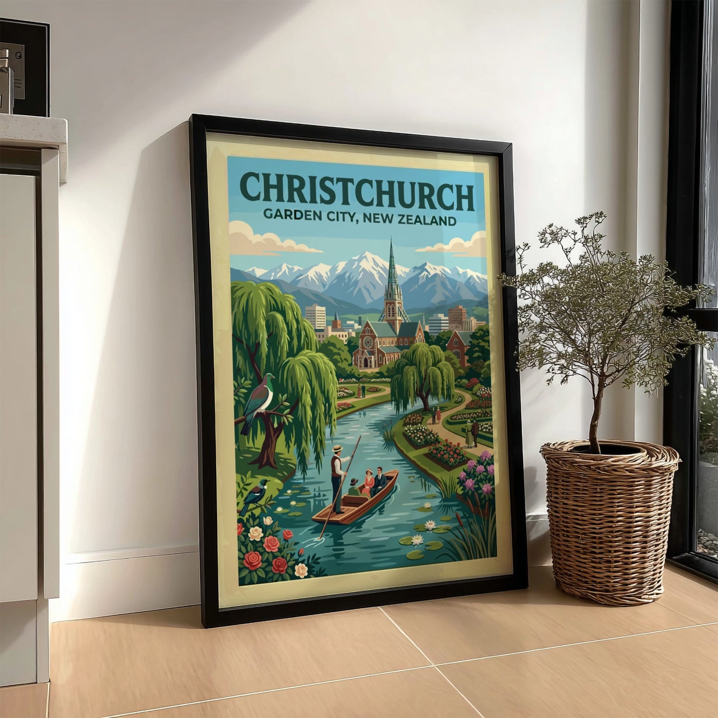 Australia travel poster featuring Christchurch Garden City with river boat and mountain backdrop