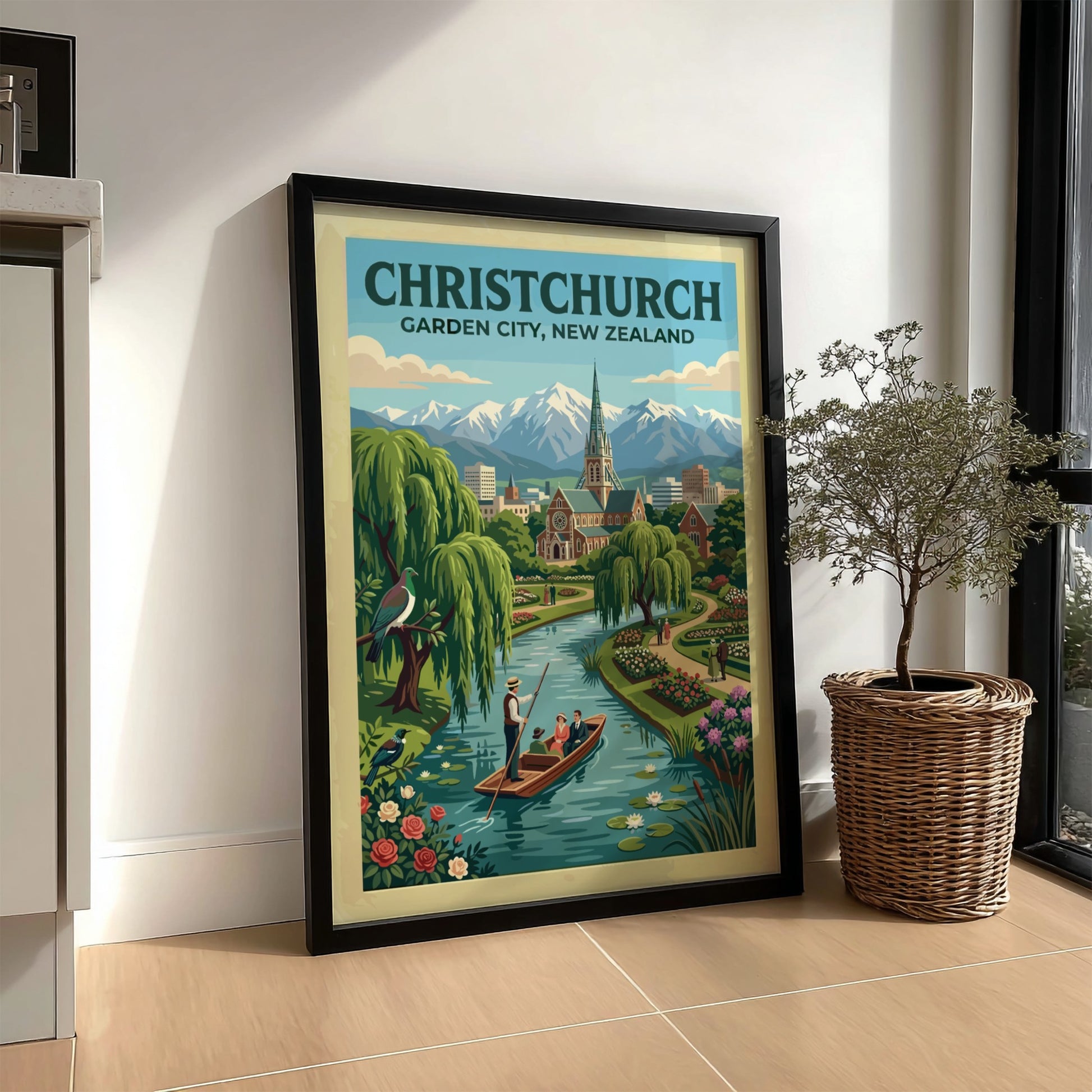Australia travel poster featuring Christchurch Garden City with river boat and mountain backdrop