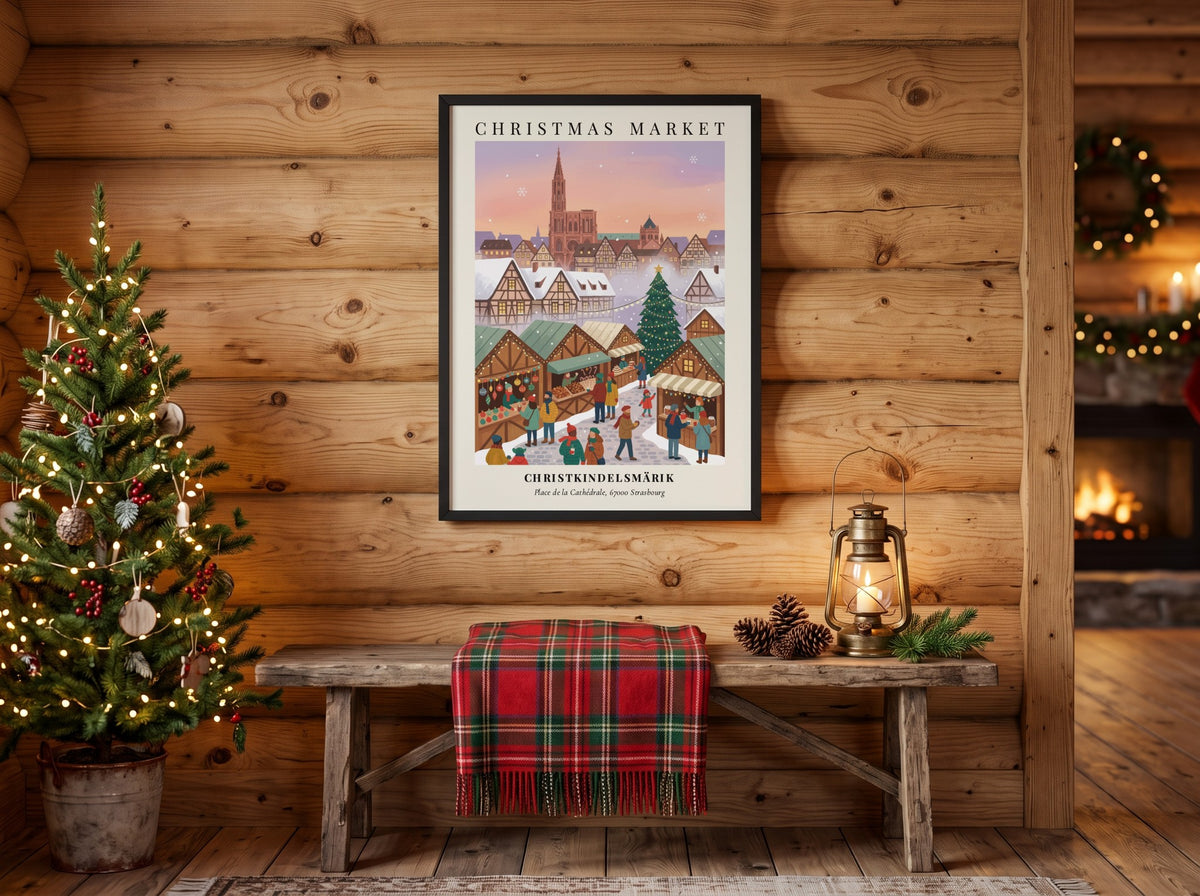 Christmas market poster featuring the Strasbourg cathedral with timber-framed houses and winter shoppers