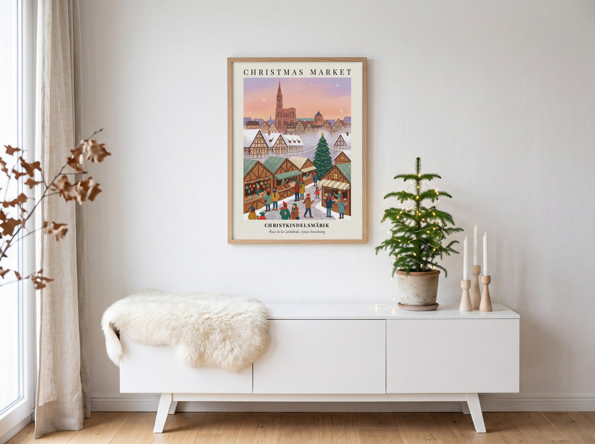 Christmas market poster featuring the Strasbourg cathedral with timber-framed houses and winter shoppers