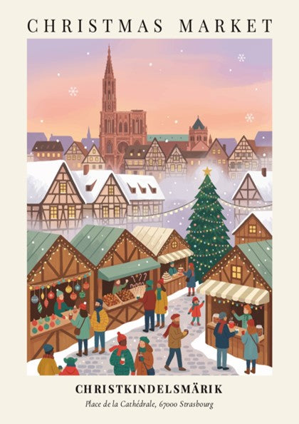 Christmas market poster featuring the Strasbourg cathedral with timber-framed houses and winter shoppers