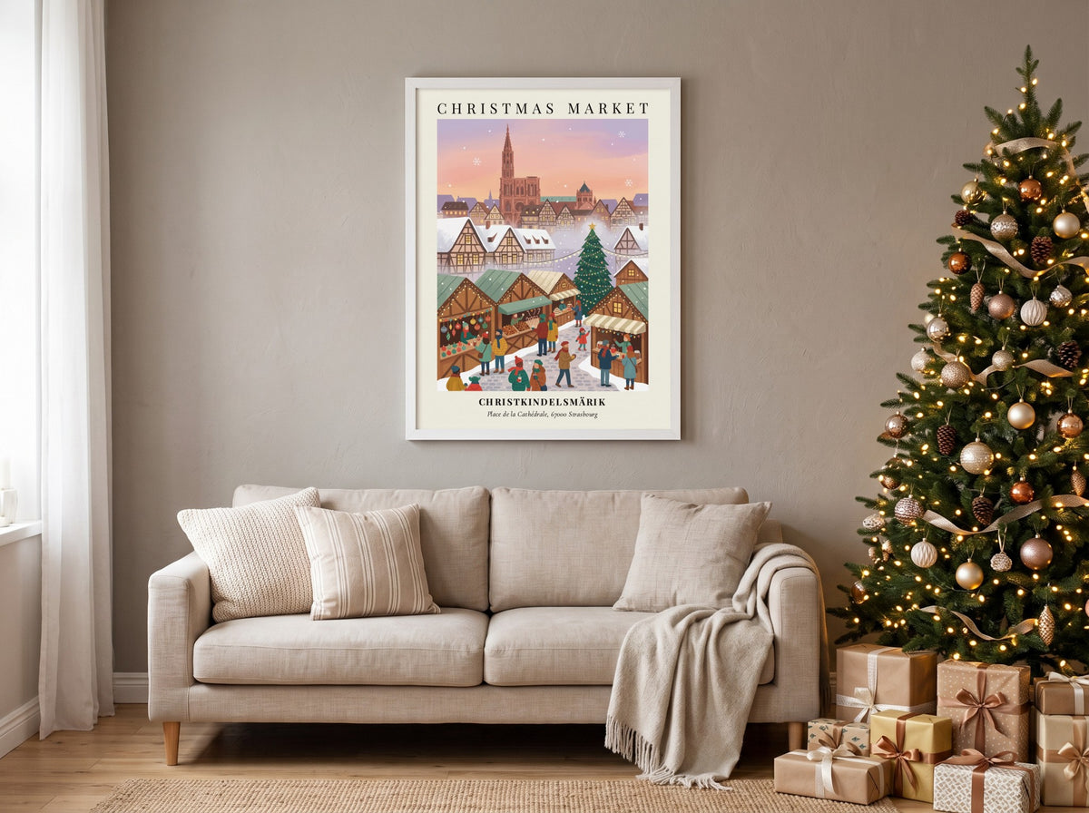 Christmas market poster featuring the Strasbourg cathedral with timber-framed houses and winter shoppers