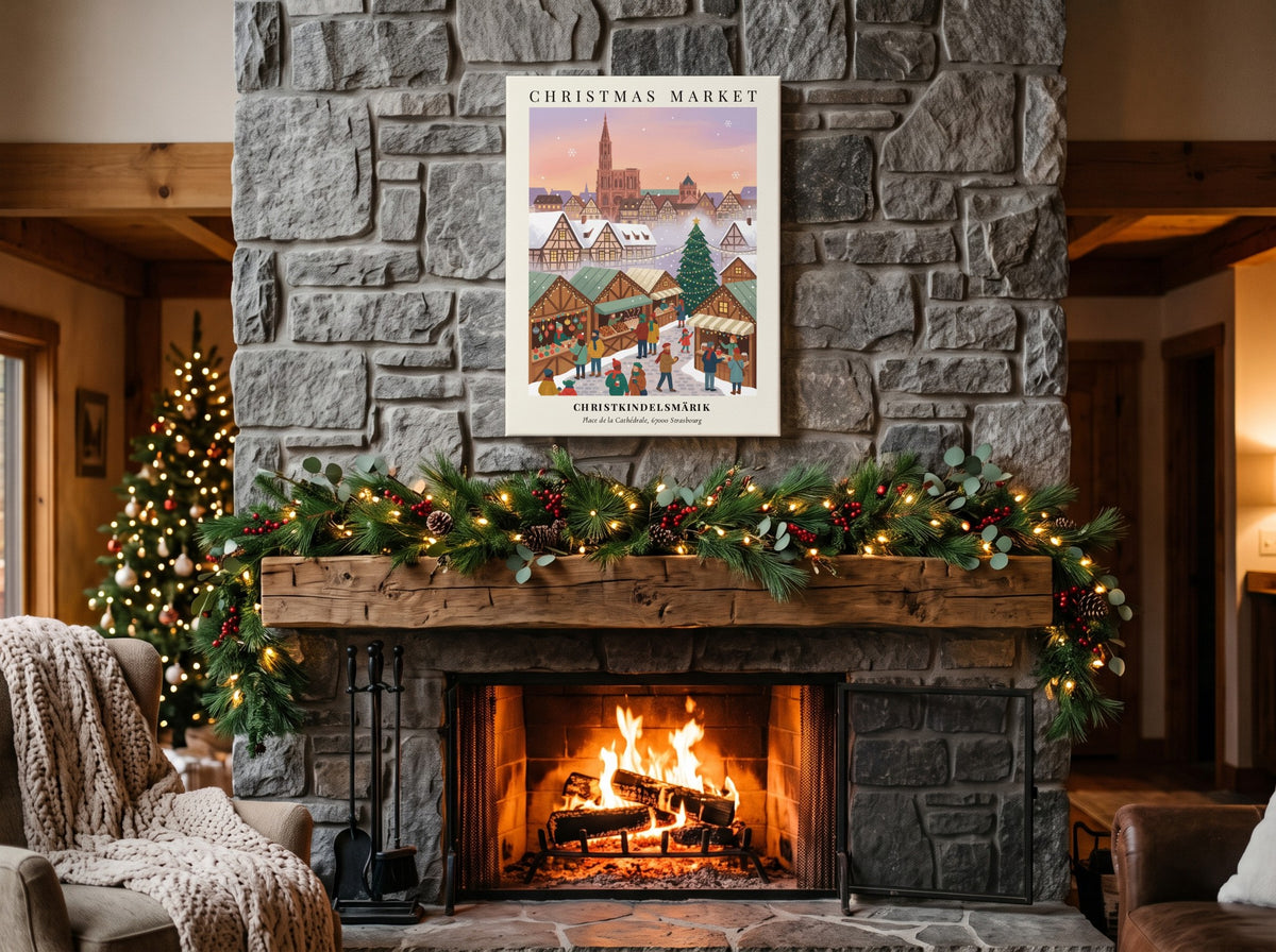 Christmas market poster featuring the Strasbourg cathedral with timber-framed houses and winter shoppers