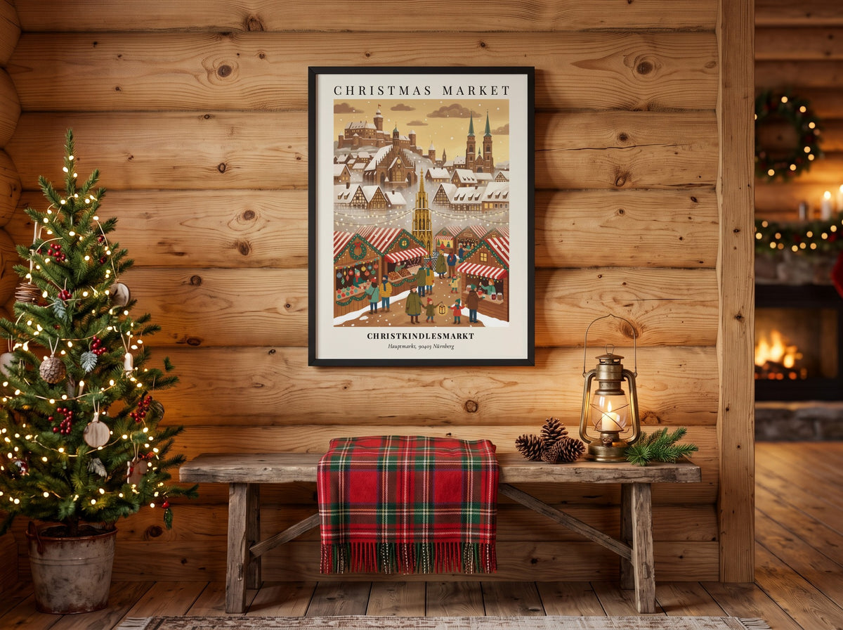 Poster of the Nürnberg Christkindlesmarkt featuring snow-covered buildings and festive market stalls in