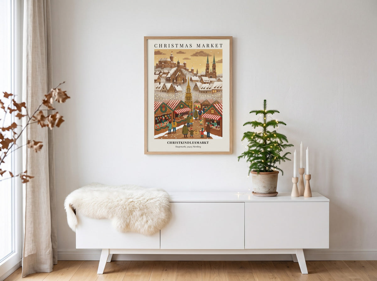Poster of the Nürnberg Christkindlesmarkt featuring snow-covered buildings and festive market stalls in