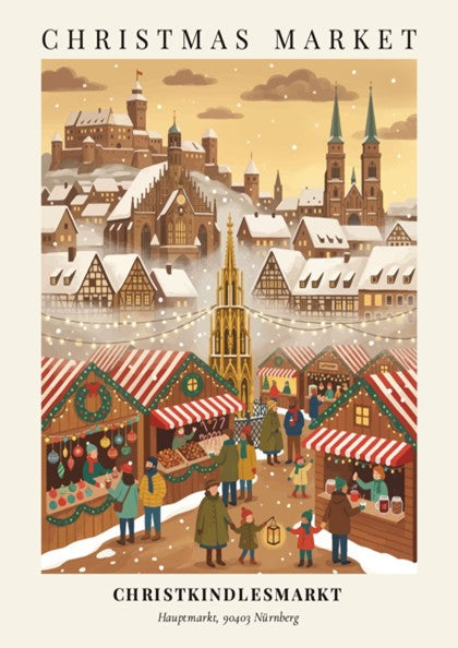 Poster of the Nürnberg Christkindlesmarkt featuring snow-covered buildings and festive market stalls in
