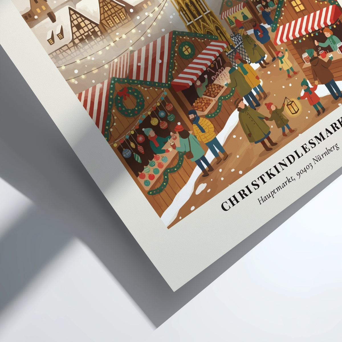 Poster of the Nürnberg Christkindlesmarkt featuring snow-covered buildings and festive market stalls in
