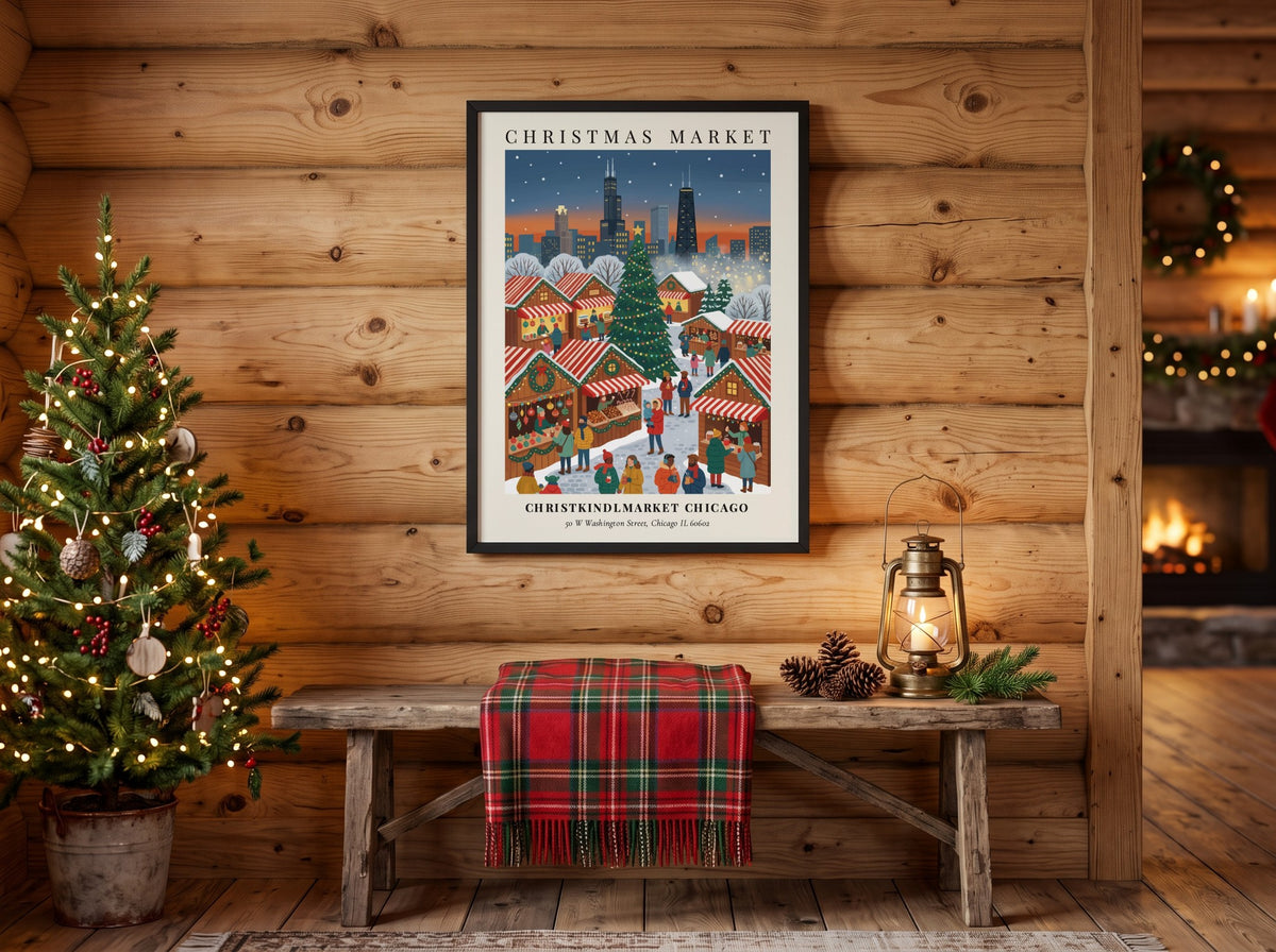 Poster displaying the Christkindlmarket Chicago with a snowy Christmas tree and city skyline background.