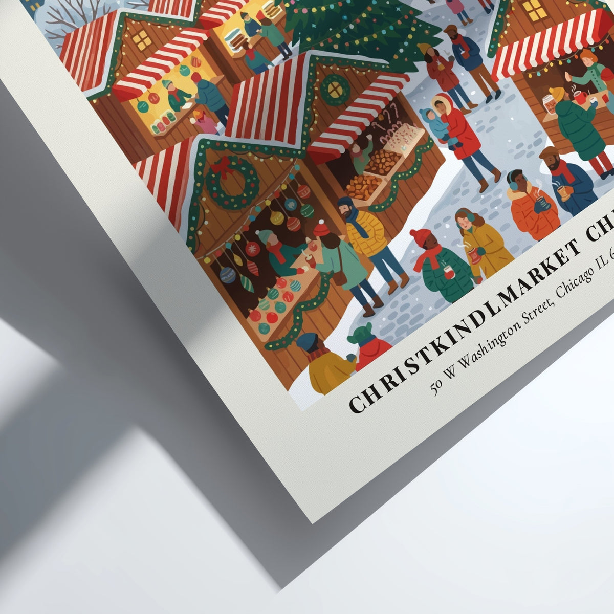 Poster displaying the Christkindlmarket Chicago with a snowy Christmas tree and city skyline background.