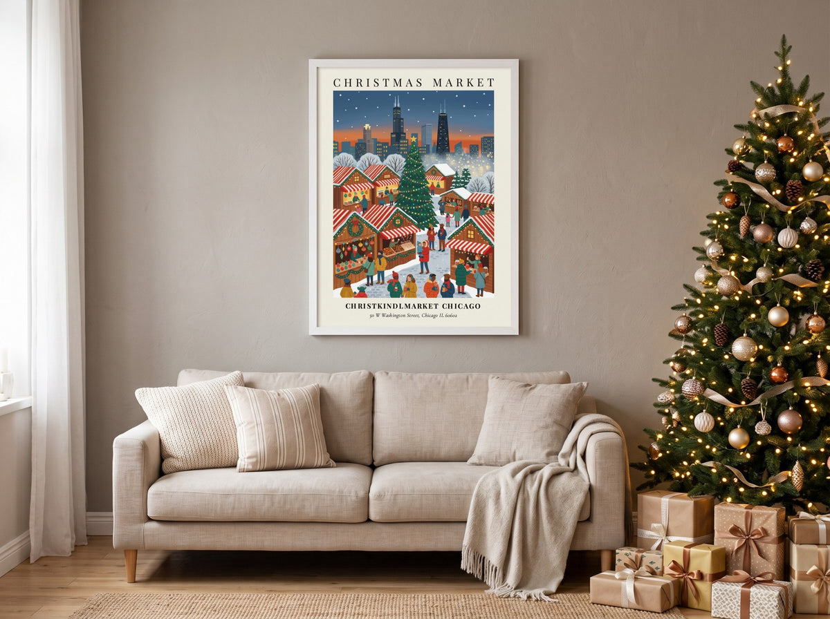 Poster displaying the Christkindlmarket Chicago with a snowy Christmas tree and city skyline background.