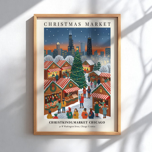 Poster displaying the Christkindlmarket Chicago with a snowy Christmas tree and city skyline background.