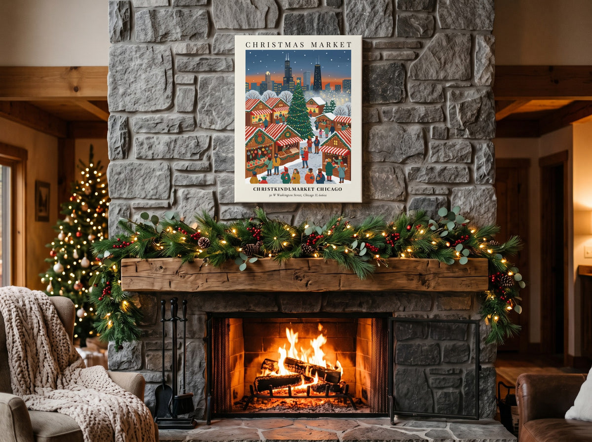 Poster displaying the Christkindlmarket Chicago with a snowy Christmas tree and city skyline background.