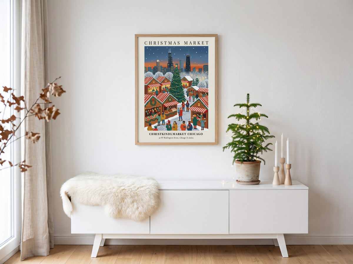 Poster displaying the Christkindlmarket Chicago with a snowy Christmas tree and city skyline background.