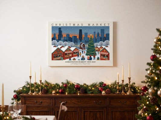 Christkindlmarket Chicago poster showing festive market stalls and a Christmas tree against a skyline.